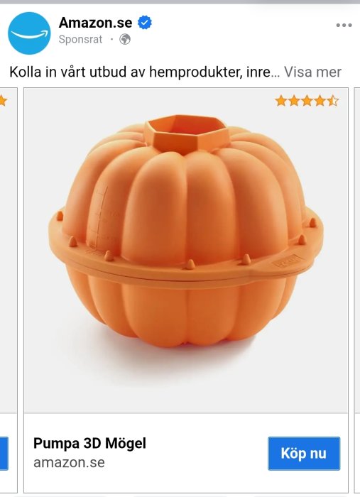 En orange pumpaformad 3D bakform annonserad på Amazon.se med femstjärnigt betyg.