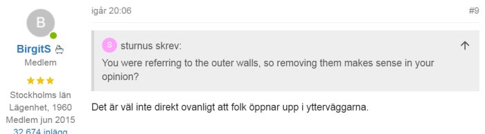 Skärmdump från ett forum där användare diskuterar byggande eller renovering i en tråd.