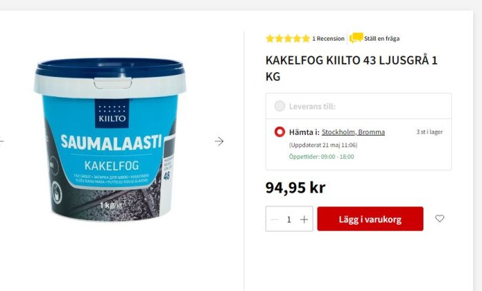 En burk kakelfog, ljusgrå, 1 kg, säljs online för 94,95 kronor.