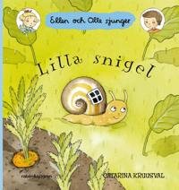 Barnbok, snigel på omslag, "Lilla snigel", gröna toner, illustration, morötter i jord, text, namn i övre hörn.