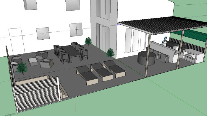 3D-modell av en modern utomhusmiljö med sittplatser, växter och en serveringsdisk.