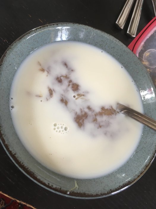 Skål med flingor och mjölk, sked, äts upp, frukost, enkelt, keramik, närbild, matstund.