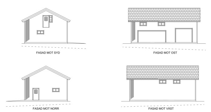 Arkitektoniska ritningar av ett hus visande fasader mot syd, öst, norr och väst.