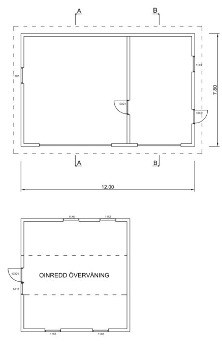 Arkitektonisk ritning; planlösning för övervåning; ej inredd; måttangivelser; två våningsplan; enkel konstruktion.