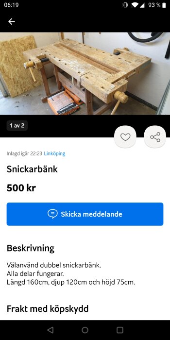 Använd snickarbänk till salu, trä, fastklämmor, i arbetsrum, något sliten, 500 kr, mått specificerade.