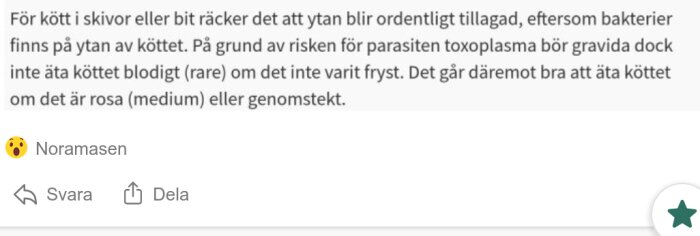 Text om tillagning av kött, bakterier, toxoplasma-risk för gravida, rekommendation om köttets tillagning.