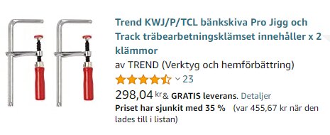 Två stycken metallklämmor med röda handtag, recensioner och prisinformation visas. Verktyg för träbearbetning.