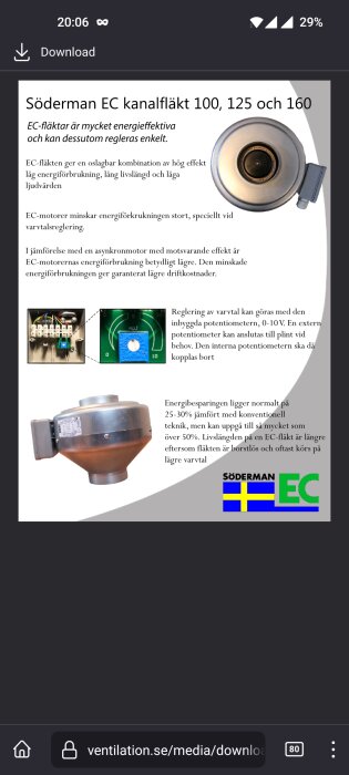 Dokument om Söderman EC kanalfläktar, energieffektivitet, reglering och livslängd, inkluderar bilder och tekniska detaljer.