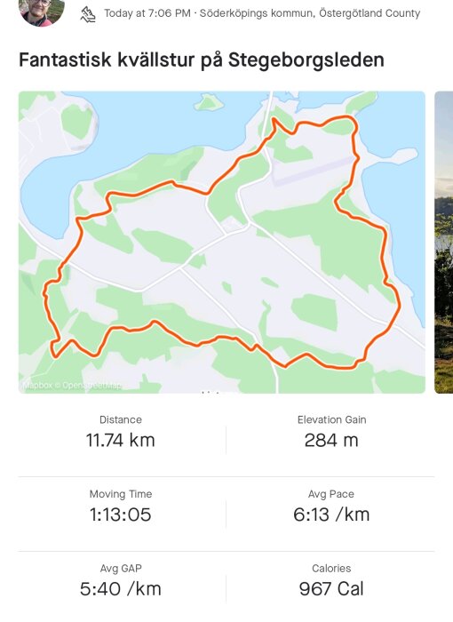 Kvällsvandring, Stegeborgsleden, 11.74 km, höjdskillnad 284 m, 1 timme 13 minuter, 967 kalorier förbrända.