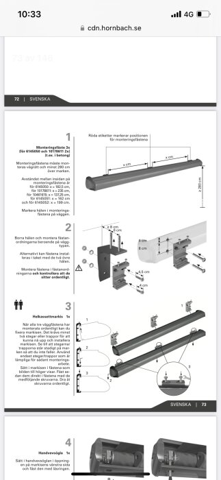 Instruktionsmanual på svenska visar steg-för-steg montering av en produkt med bilder och måttangivelser.