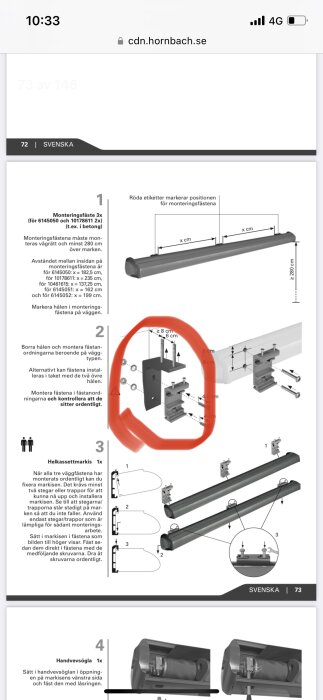 Instruktionsmanual för montering, fästanordningar avbildade, tekniska illustrationer, steg-för-steg guide, vägginstallation.