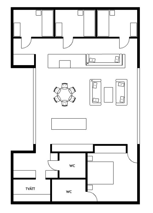 Schematisk ritning, kontorsplanlösning med skrivbord, mötesområde, tvättrum och toaletter.