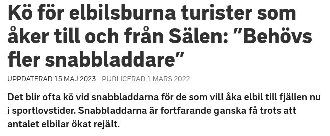 Svensk artikel om köer för elbilsladdning i Sälen, efterlyser fler snabbladdningsstationer. Publicerad och uppdaterad 2022/2023.