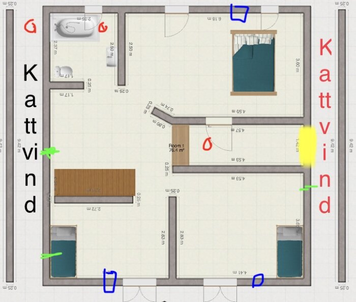 Planritning av hus med markerade föremål och text "Kattvind" utefter kanterna.