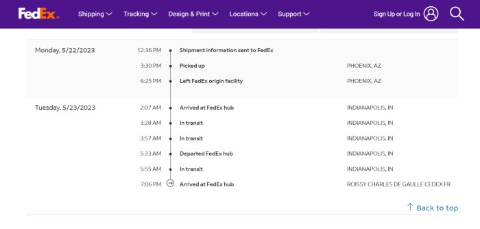 FedEx-försändelsesspårningsskärm visar tidsstämplade statusuppdateringar, resväg från Phoenix till Frankrike.