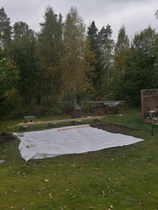 Trädgård, vit presenning på marken, trädstammar, höstlöv, gräsmatta, vedstapel, grill, grå himmel.