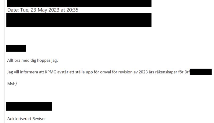 E-post med svartade delar, svenska, nämner KPMG, revision av 2023 års räkenskaper.