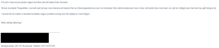 Text på svenska om juridiska åtgärder, beslut och kontaktinformation till Bolagsverket, med svart rektangel över sensitiv information.