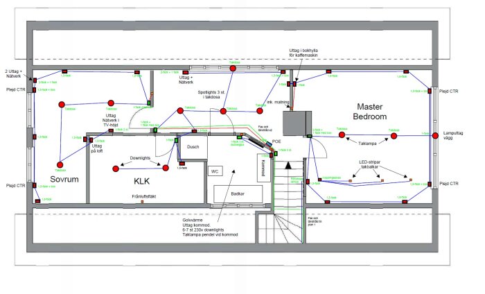 Elektriskt planritningsschema för bostad, inkluderar sovrum, master bedroom, detaljer för belysning och eluttag.