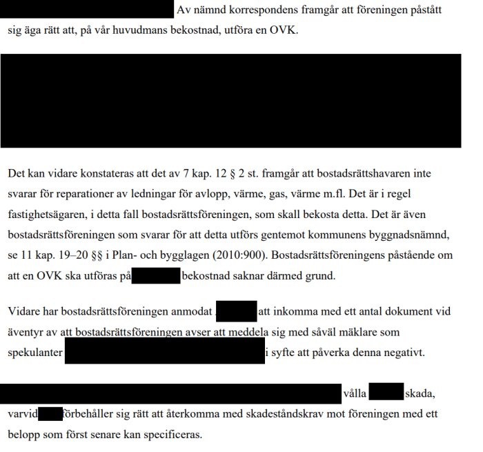 Svensk juridisk text med svart överstrykningar för att dölja sensitive information.