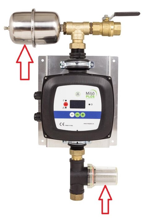 En apparat med mätare och ventiler, sannolikt för vatten eller gas, med elektronisk display och kontrollenheter.