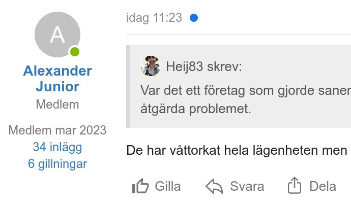 Skärmdump av foruminlägg, användarprofil, tid, inläggshistorik, gilla och svaralternativ.