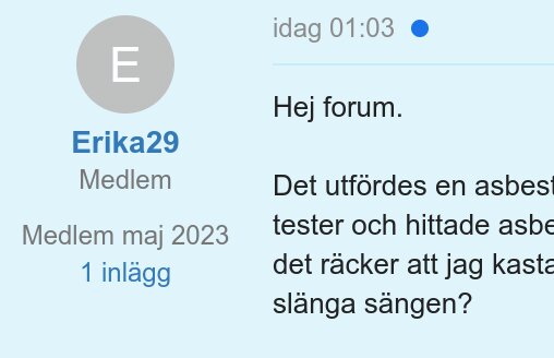 Skärmdump av foruminlägg om asbest och om att kasta/slänga en säng. Medlem sedan maj 2023.