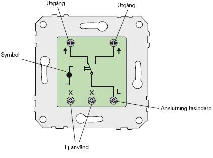 Kretsschema för elinstallation, symboler, anslutningar och utgångar markerade, ej använd fält.