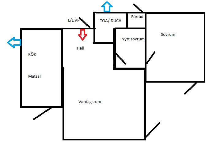 Ritning av en bostadsplan med kök, vardagsrum, hall, sovrum och badrum.