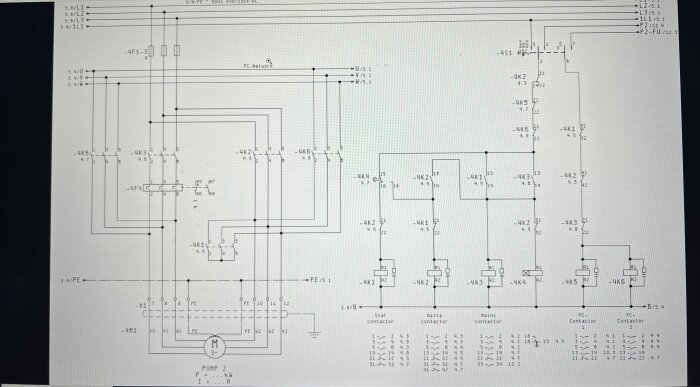 Elektriskt schema över kontrollpanel, kretskort, pump, kontaktorer, med tekniska beteckningar och strömkälla.