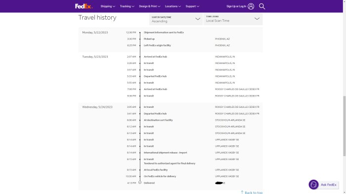 Skärmdump av FedEx-sändningsspårning, visar reshistorik för paket från USA till Sverige, levererat.