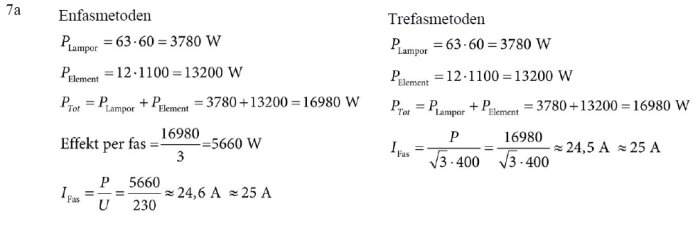 Bilden visar beräkningar av effekt och ström i enfas- och trefasmätmetoder. Electrical engineering calculations comparing single-phase and three-phase methods.