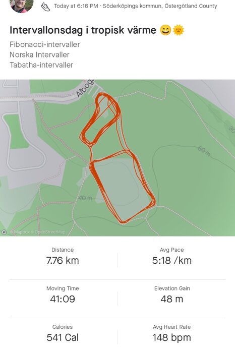 Skärmklipp sportapp: löprunda, distans 7.76 km, tid 41:09, kartspår, intervallträning, glad emoji, sol.