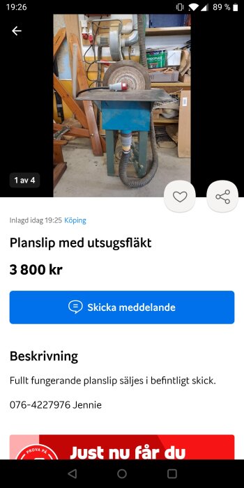 Annonsskärmbild för använd planslip med utsugsfläkt, priset anges till 3 800 kr.