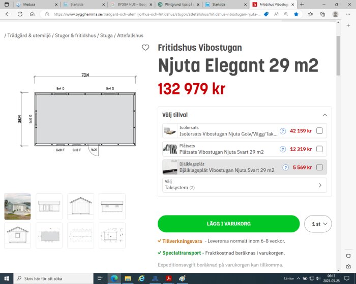 Webbsida som visar ett fritidshus "Vibostugan Njuta Elegant" med ritningar, storlek och prisinformation.