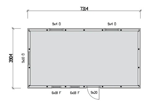 Ritning av en rektangulär struktur med dimensioner; tekniskt schema eller arkitektonisk plan.