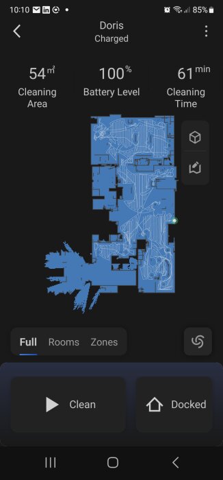 Mobilapplikation för robotdammsugare visar karta, batterinivå, städområde och rengöringstid.
