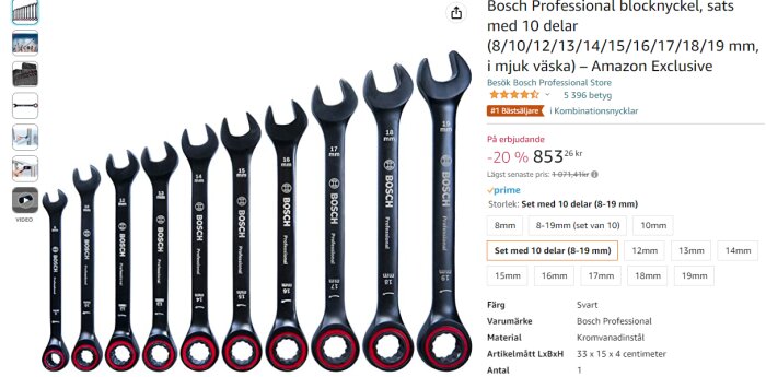 Set av svarta Bosch nycklar i olika storlekar med röda markeringar, online produktbild och prisinformation.