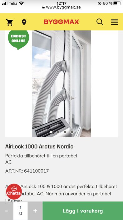 Portabel AC ansluts till fönster med AirLock 1000, onlinebutik, köpknapp, sökfält, ljus bakgrund.
