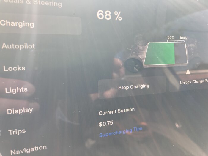 Elbilsdisplay visar laddningsstatus på 68%, laddningsalternativ och kostnad $0.75 för sessionen.