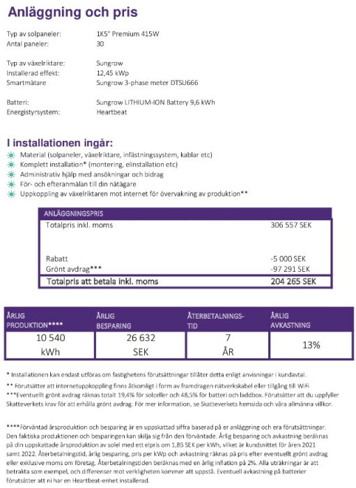 Ett svenskt dokument med information om solpanelssystem: kostnader, besparingar, årlig avkastning och återbetalningstid.