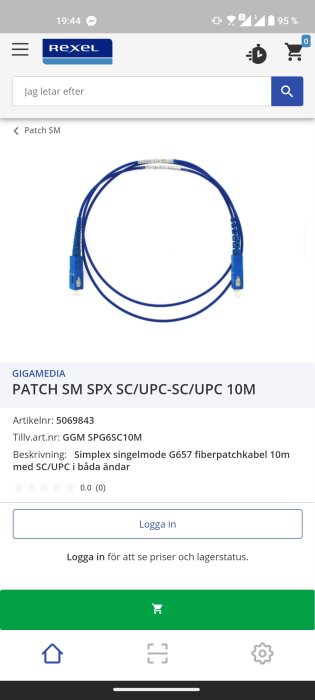 Blå fiberpatchkabel, enkelmod, SC/UPC-kontakter, 10 meter, webbsidesgränssnitt.