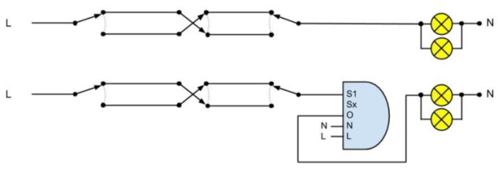 Elektrisk kretsdiagram visar strömflöde, switchar, noder och en komplex kretskomponent.