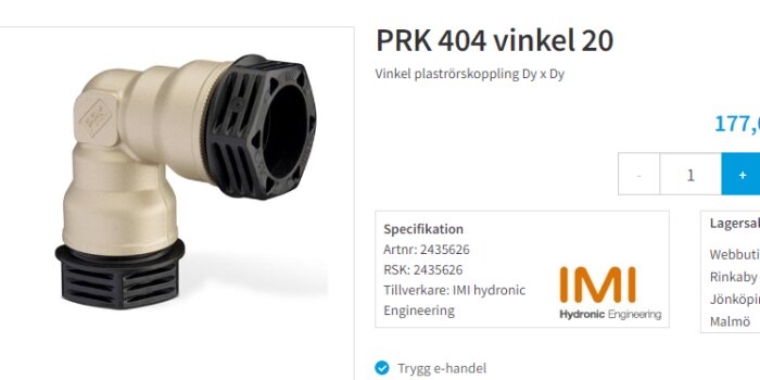 Vinkelplaströrskoppling för rörsystem, beige och svart, produktinformation, webbutik, prisangivelse.