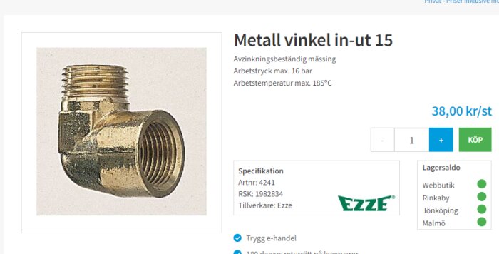 En mässingsvinkel för rörkoppling, produktinformation, prisangivelse, och onlineköpsalternativ visas på en webbsida.