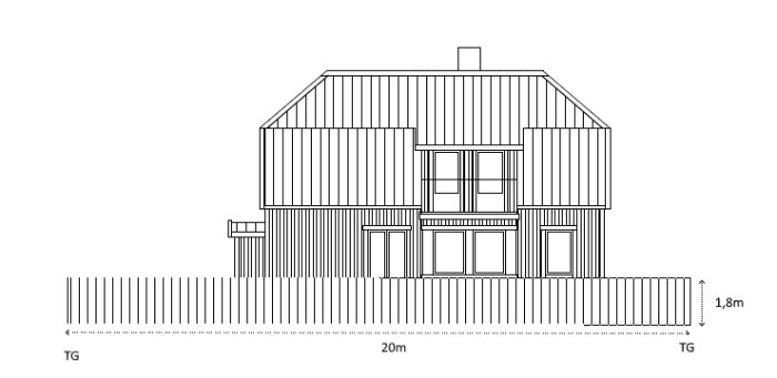 Ritning av husfasad med mått, symmetriskt, två våningar, skorsten, balkong, entrétrappa, märkt med "20m" och "TG".