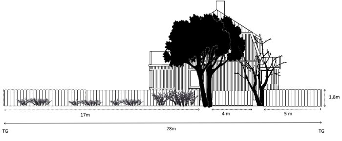 Arkitektonisk sektion med hus, träd, buskar och staket, inkluderar måttangivelser.
