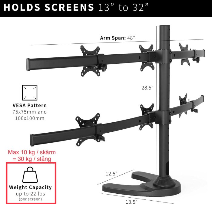 Sexarmad skärmhållare, justerbar, VESA-kompatibel, 13”-32” skärmar, 10 kg per skärm maxvikt.