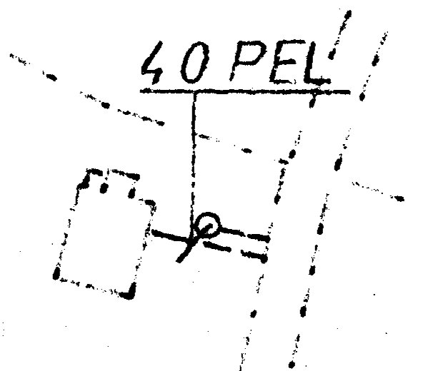 Enkel svartvit skiss eller stämpel, texten "40 PEL", linjer, rektangulär form och en cirkel med kors i mitten.