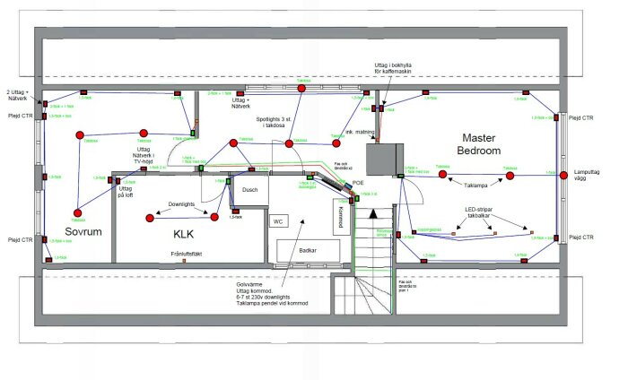 Elektrisk planritning för sovrum inklusive belysning, nätverksuttag och eluttag.